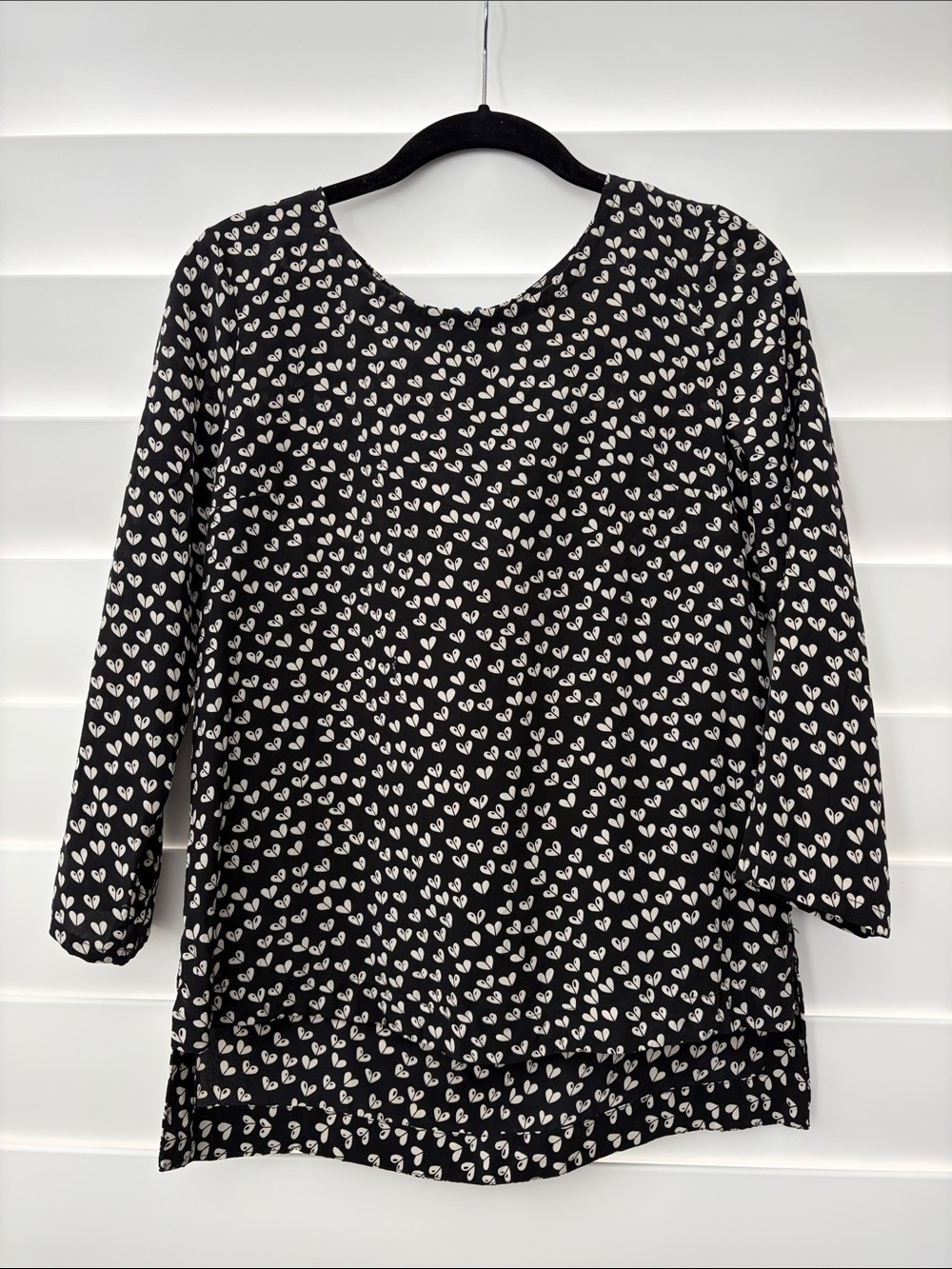 Anthropologie Black Silk Heart-Print Long Sleeve Top